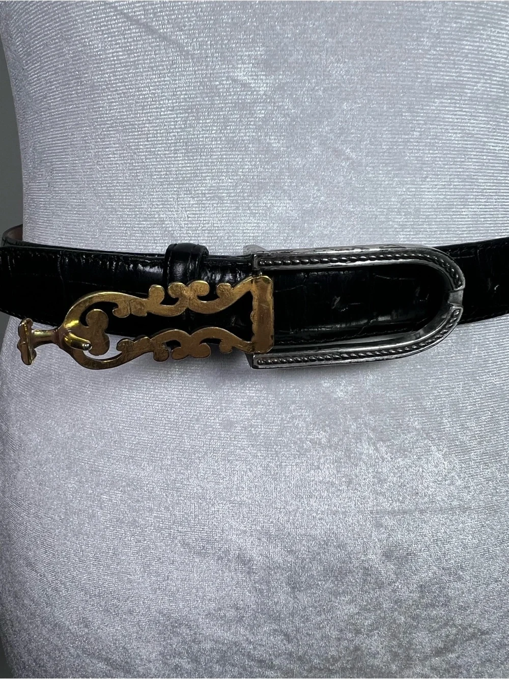 Brighton Women’s Black Croc Mixed Metals Silver & Gold Filagree Buckle Belt